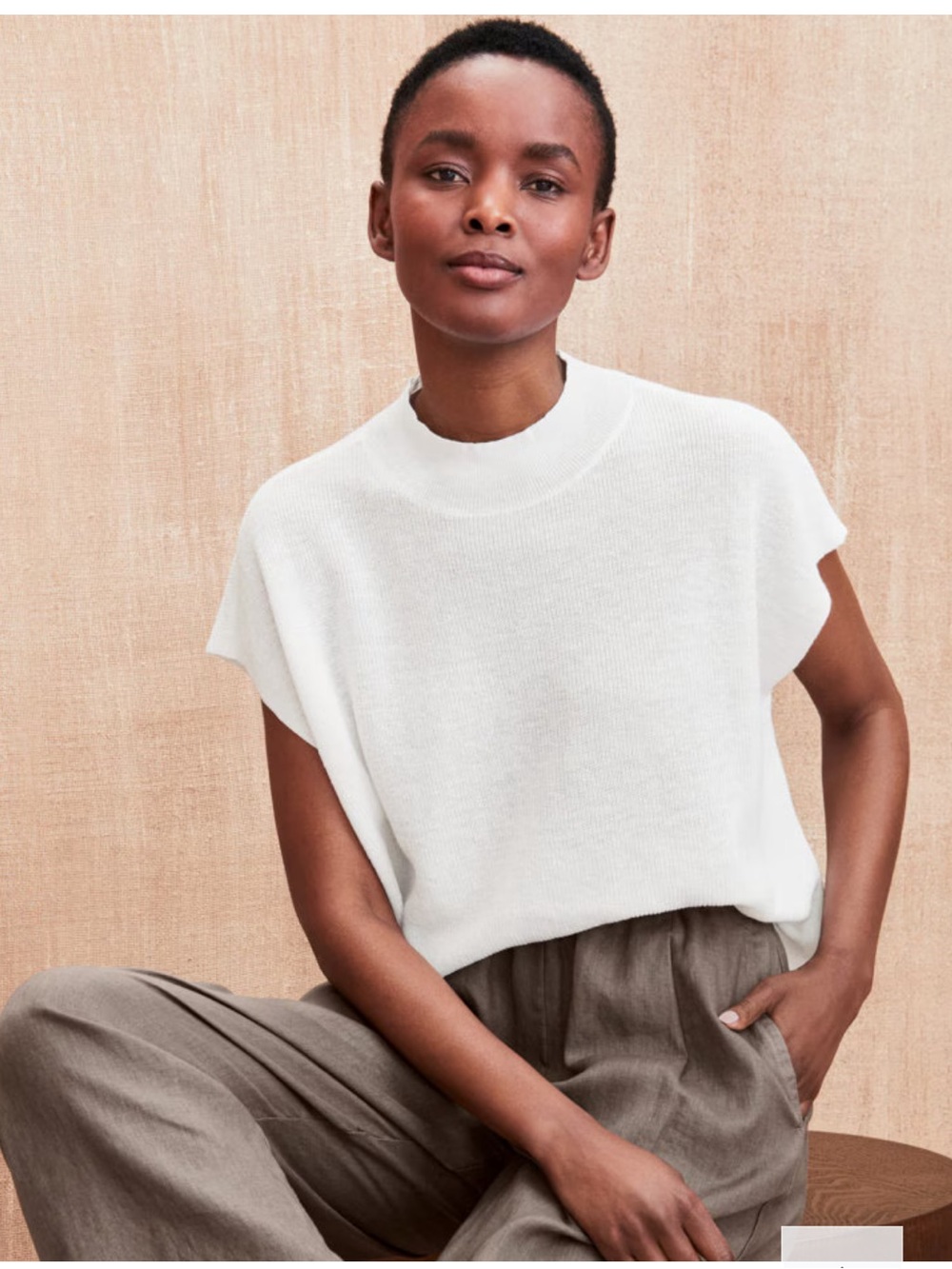 Eileen Fisher Ivory Cotton/Linen Blend Cropped Boxy Mock Neck Top Size S